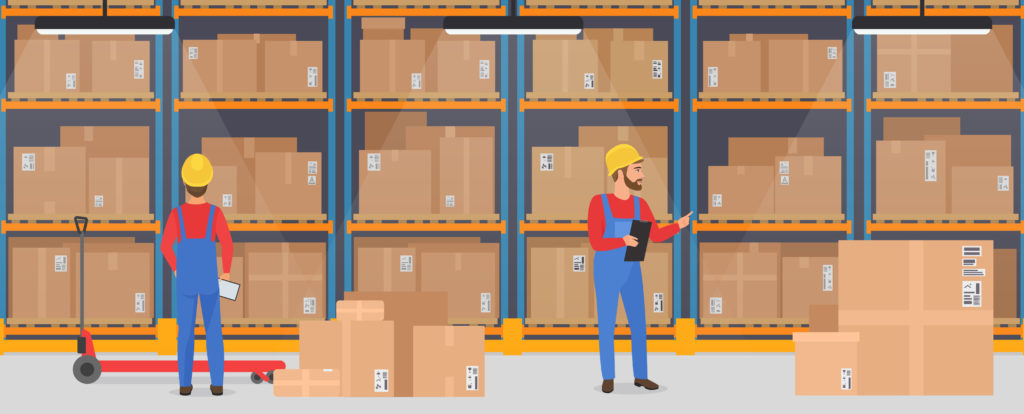 Two employees picking orders in warehouse
